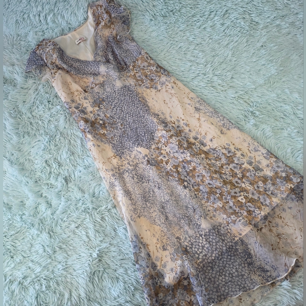 Studio Y Beige Gray Floral Maxi Dress Boho Cottagecore Fairy Size Junior 13/14